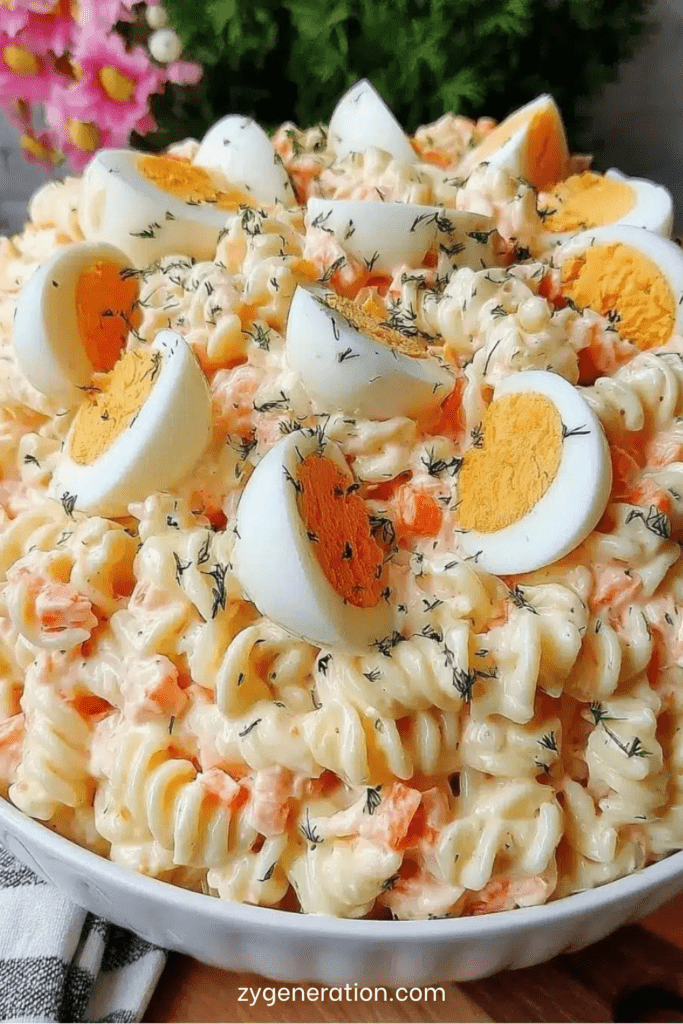 Salade de pâtes fusilli avec surimi, œufs durs, carottes et sauce crémeuse, garnie d’herbes fraîches dans un saladier.