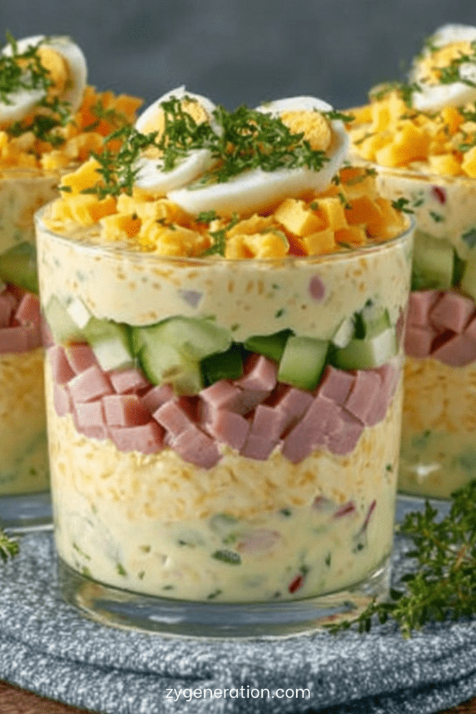 Verrines mimosa avec crème d’œufs, dés de jambon, concombre croquant et herbes fraîches, dressées en couches élégantes.