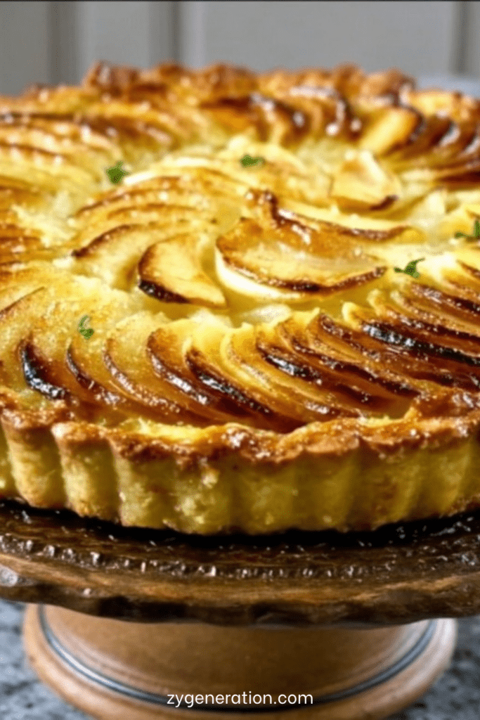 Tarte aux pommes avec crème pâtissière onctueuse, pommes en rosace légèrement caramélisées sur pâte croustillante dorée.