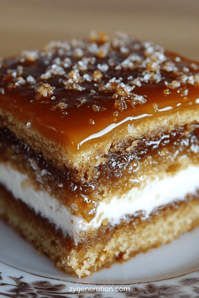 Gâteau caramel en couches avec nappage brillant, crème onctueuse et intérieur moelleux, présenté en parts gourmandes.