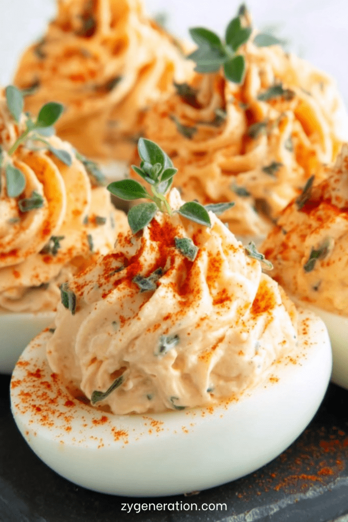 Œufs mimosa garnis de crème onctueuse au fromage frais, saupoudrés de paprika et décorés de thym frais sur un plat.