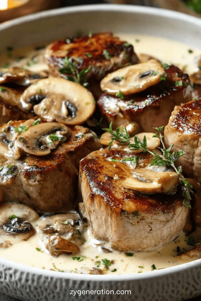 Médaillons de filet mignon nappés de sauce crémeuse aux champignons, servis chauds avec persil frais et texture fondante.