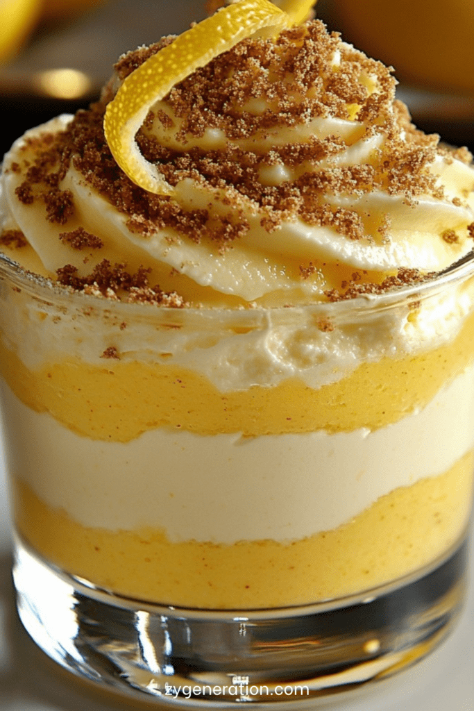Verrines citron façon cheesecake avec couches de biscuits spéculoos, crème légère au fromage et citron, décorées de zestes.