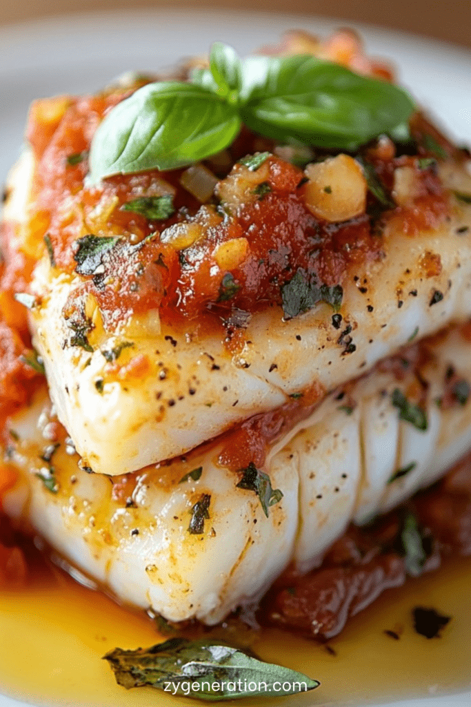 Dos de cabillaud fondant nappé de sauce tomate au basilic, servi chaud avec herbes fraîches et texture nacrée.