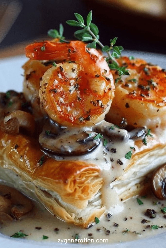Feuilleté doré croustillant garni de crevettes et champignons à la crème, décoré de persil frais et servi chaud.