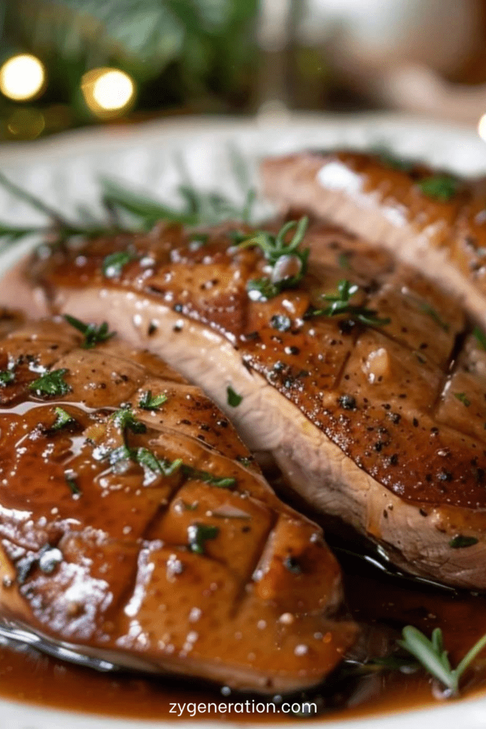 Magret de canard tranché avec peau croustillante nappé de sauce miel balsamique, servi chaud avec brillance appétissante.