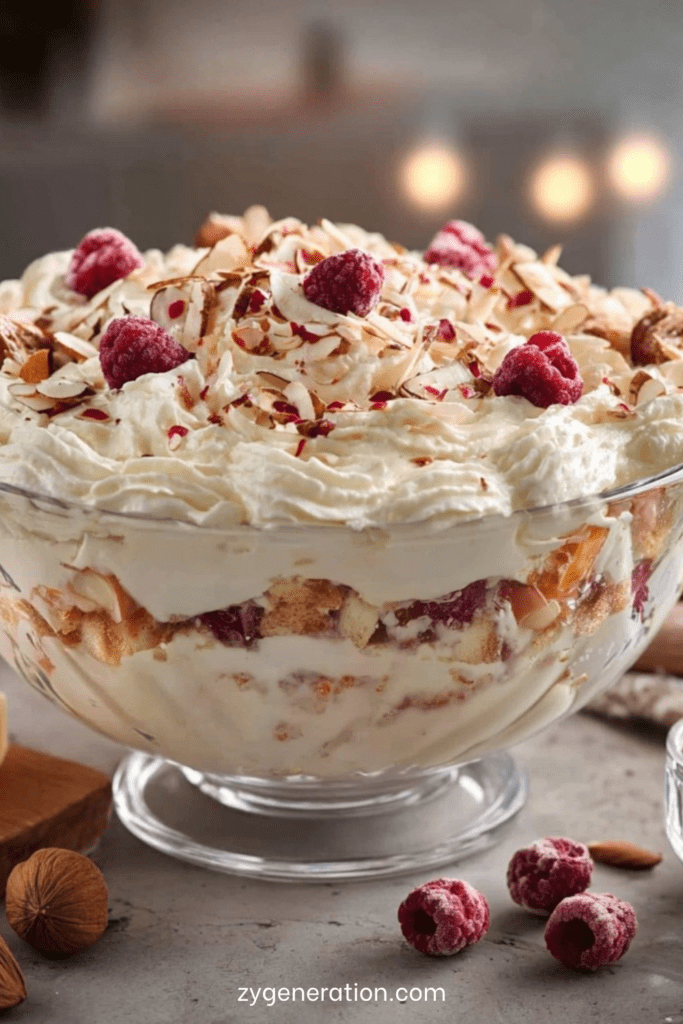 Trifle framboises en couches avec crème vanillée, biscuit moelleux, amandes croquantes et copeaux de chocolat blanc.
