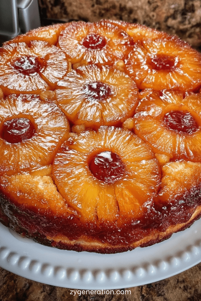 Gâteau renversé à l’ananas maison, doré et moelleux, garni de rondelles d’ananas caramélisées et démoulé sur un plat de service.