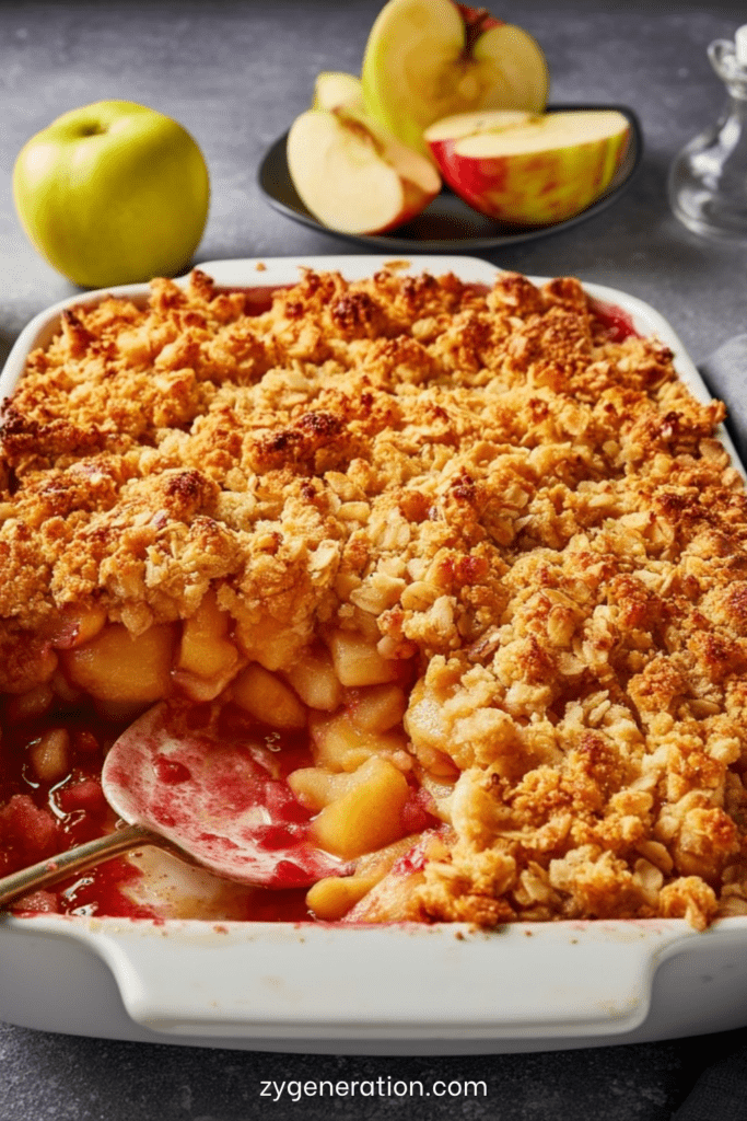 Crumble pommes et fruits rouges doré et croustillant, avec fruits fondants légèrement acidulés, servi chaud dans un plat avec texture sablée.