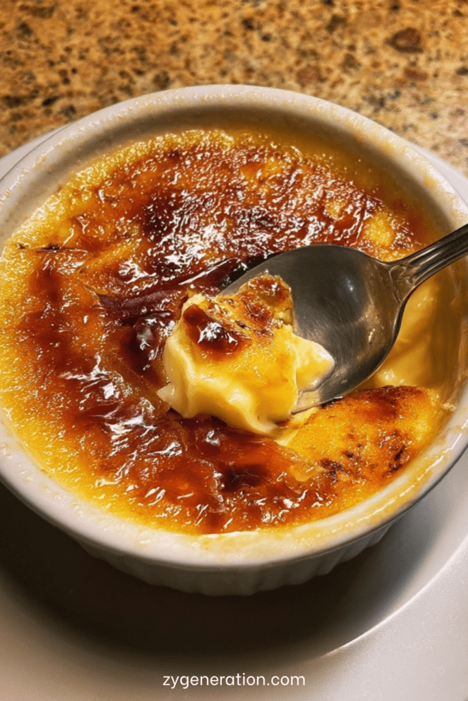 Crème brûlée à la vanille maison avec surface caramélisée dorée et craquante, texture lisse et crémeuse servie en ramequin.