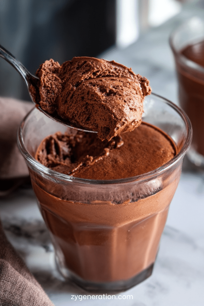 Mousse au chocolat maison servie en verrine, texture aérienne et onctueuse avec chocolat noir intense et surface légèrement brillante.