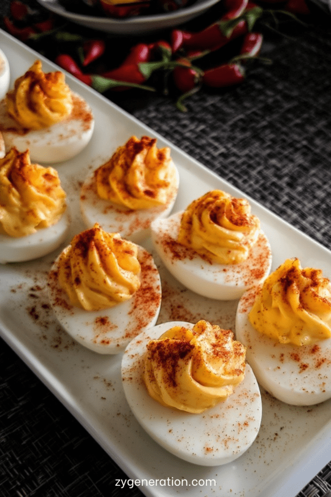 Œufs mimosa garnis d’une crème onctueuse au paprika fumé, légèrement pimentée, décorés d’herbes fraîches et présentés sur un plateau.