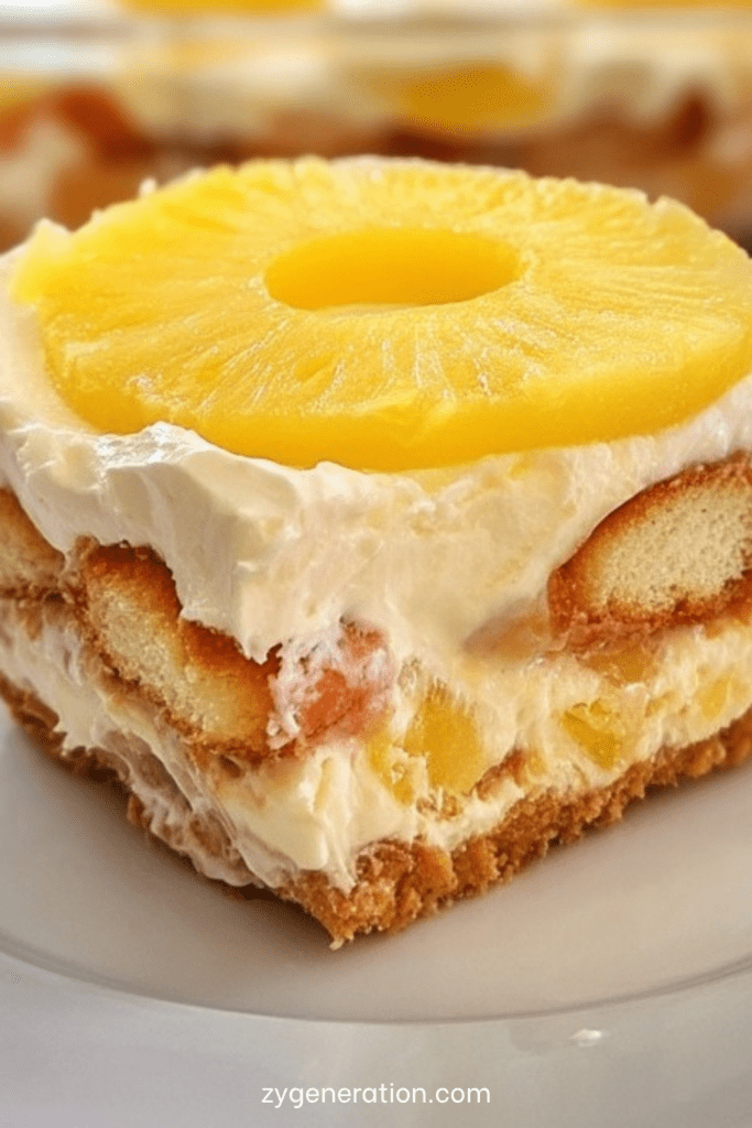 Dessert sans cuisson à l’ananas et mascarpone en verrine, couches de biscuits imbibés, crème onctueuse et morceaux d’ananas frais.