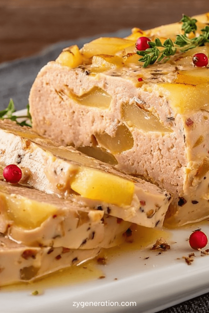 Terrine de foie gras aux poires maison, tranches fondantes avec morceaux de poires visibles, servies avec pain grillé sur une assiette élégante.