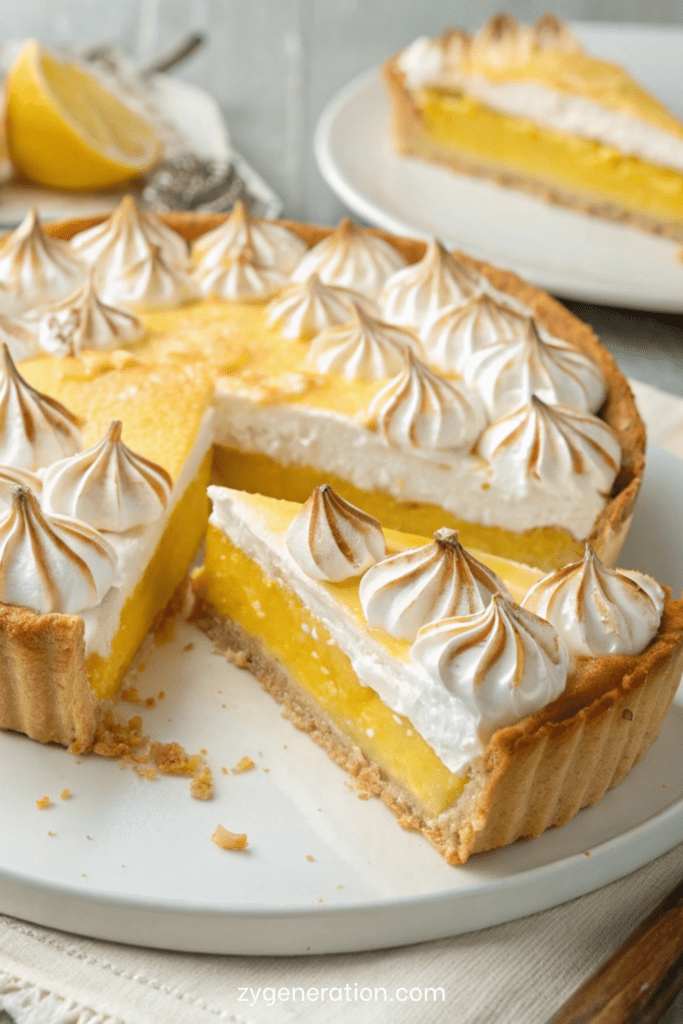 Tarte au citron meringuée maison avec crème citron lisse, meringue dorée et pâte sablée croustillante, présentée sur un plat élégant.