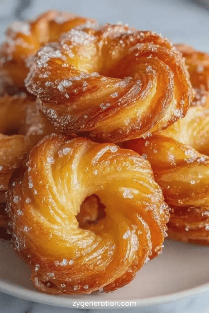 Assiette de crullers français au four dorés et légèrement croustillants, saupoudrés de sucre glace, avec une texture moelleuse à l’intérieur et une forme d’anneau régulière.