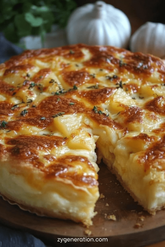 Tarte aux pommes de terre fondantes avec fromage gratiné doré et fines rondelles de pommes de terre, légèrement dorée au four dans un moule.