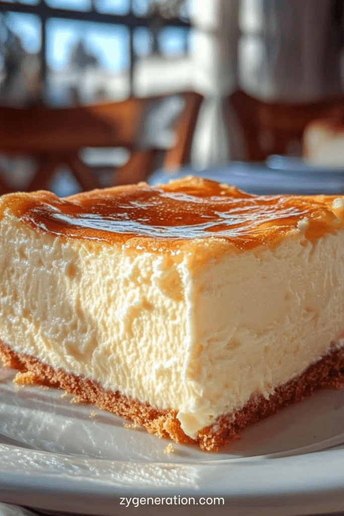 Cheesecake crémeux au fromage frais avec base biscuitée croustillante, surface légèrement dorée et cœur fondant, servi en part sur une assiette.