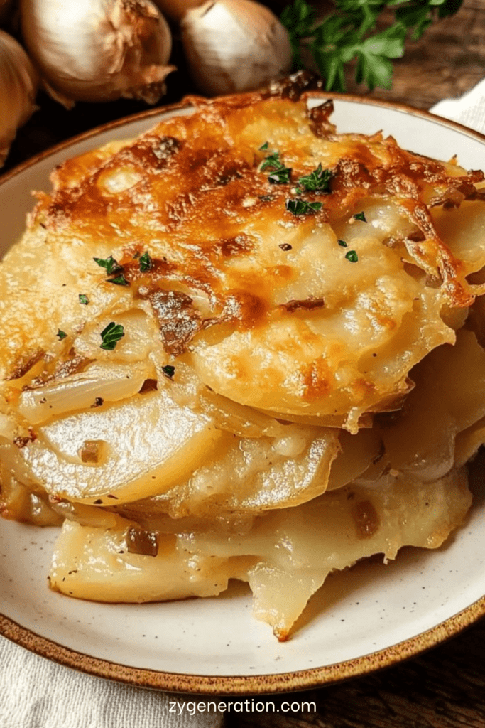 Gratin de pommes de terre au fromage doré au four avec couches fondantes, surface gratinée et texture crémeuse dans un plat.