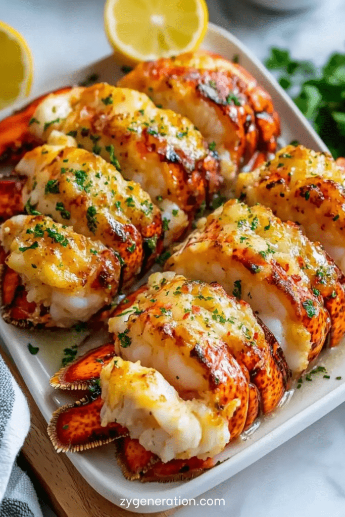 Queues de homard au four nappées de beurre d’ail, chair tendre et légèrement dorée, servies avec persil frais et citron.