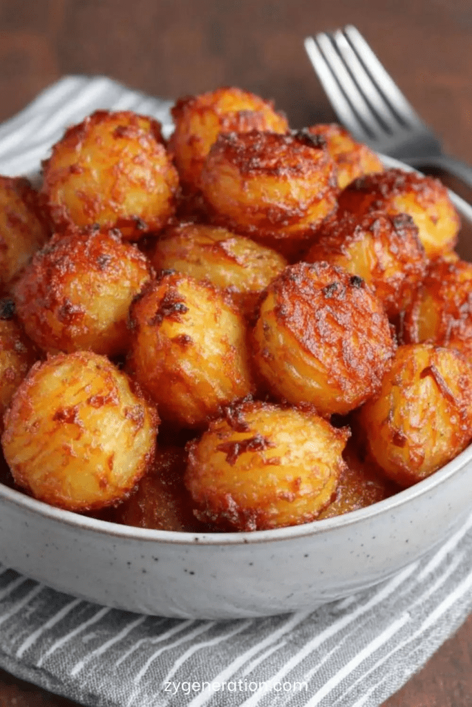 Plat de pommes de terre rôties à la semoule, bien dorées et ultra croustillantes, assaisonnées d’ail, de thym et de paprika, servies chaudes dans un plat rustique.