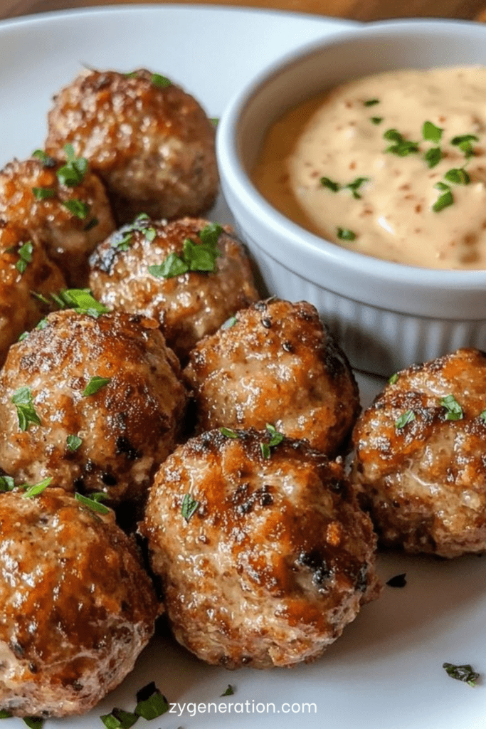 Assiette de boulettes de viande dorées et légèrement croustillantes, servies chaudes avec une sauce crémeuse à la moutarde et au miel dans un petit bol.