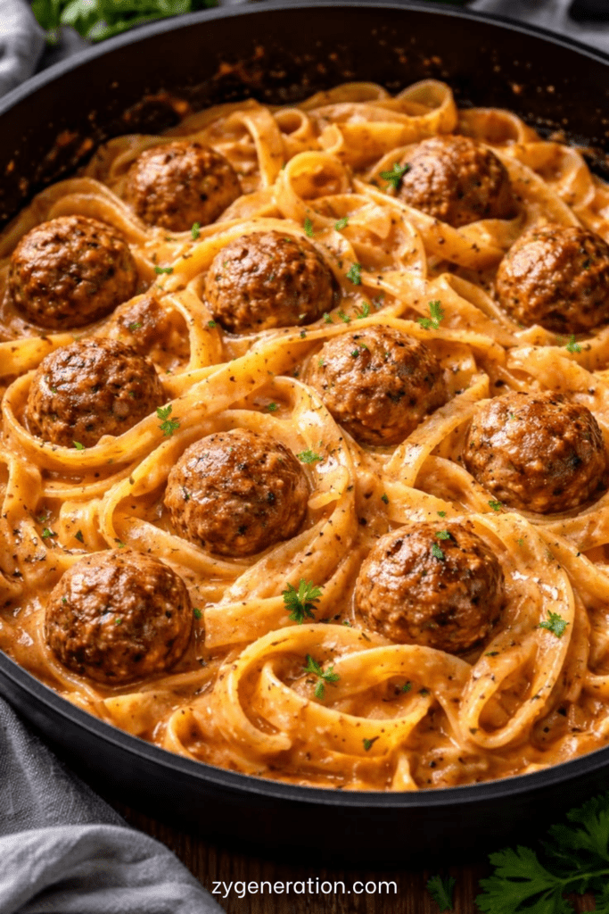 Assiette de pâtes crémeuses nappées de sauce tomate et crème, accompagnées de boulettes de viande dorées, parmesan râpé et persil frais.
