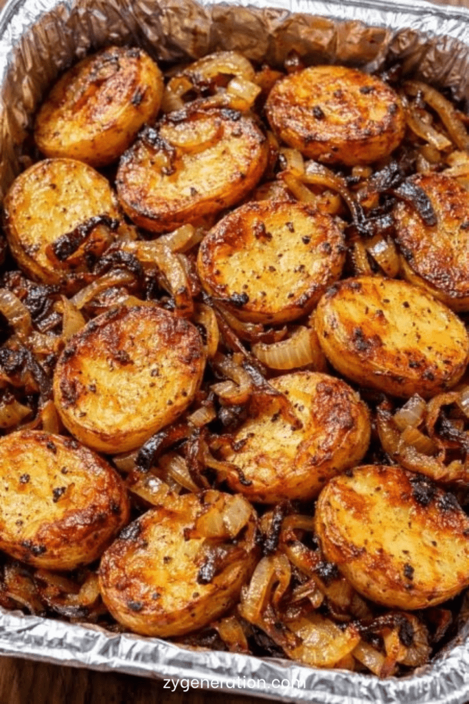 Pommes de terre rôties dorées au four avec des oignons caramélisés fondants, assaisonnées au paprika et au thym, servies dans un plat rustique.