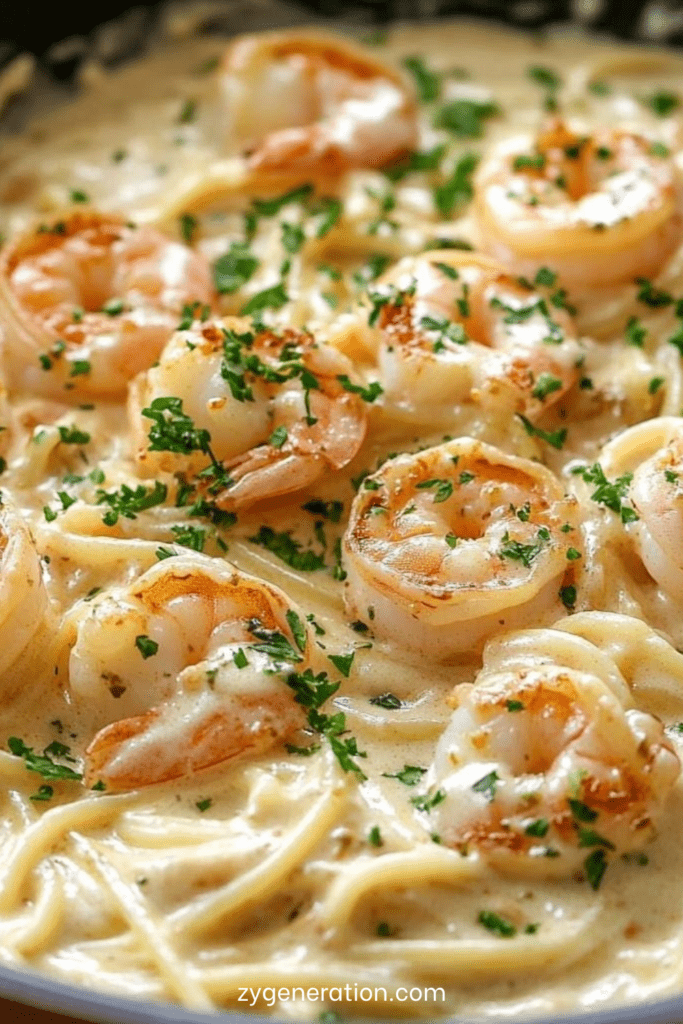 Assiette de pâtes crémeuses aux crevettes dorées et ail, nappées de sauce onctueuse au parmesan, garnies de persil frais et zestes de citron.