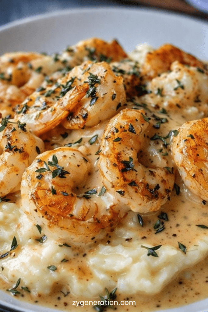 Assiette de purée de pommes de terre onctueuse garnie de crevettes crémeuses dorées nappées d’une sauce crémeuse à l’ail, décorée de persil frais.