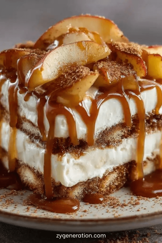 Verrine de tiramisu pommes fondantes et caramel beurre salé, composée de couches de crème mascarpone, biscuits imbibés et pommes caramélisées.