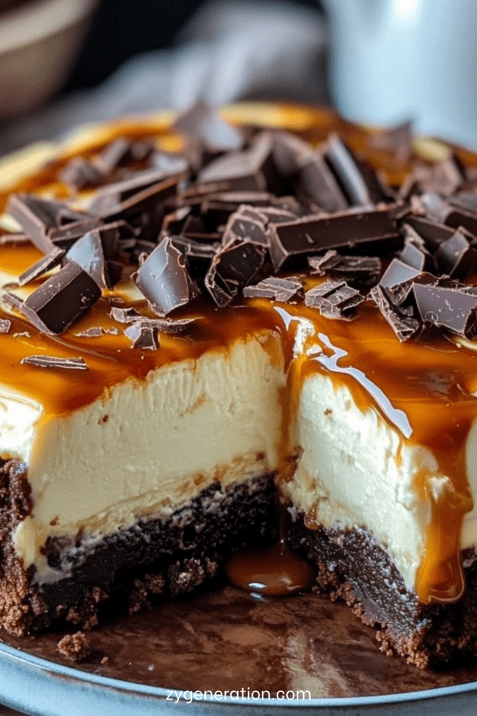 Cheesecake brownie au chocolat avec couche crémeuse et nappage caramel beurre salé coulant, décoré de morceaux de chocolat noir.