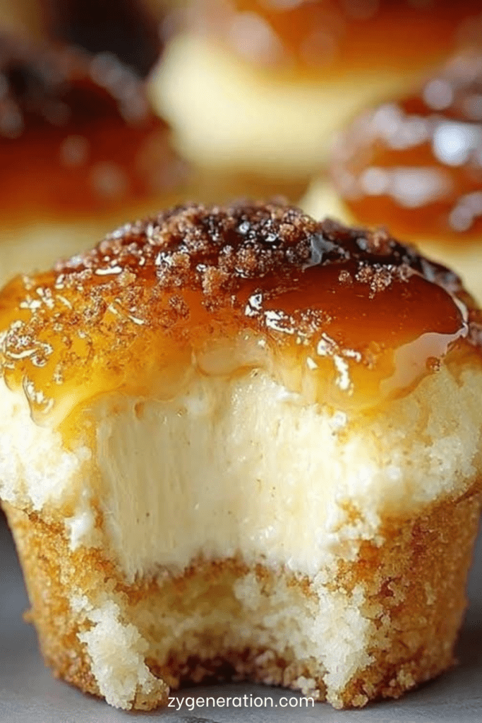 Muffins dorés avec cœur cheesecake fondant et nappage caramel beurre salé, légèrement croustillants sur le dessus avec sucre roux.