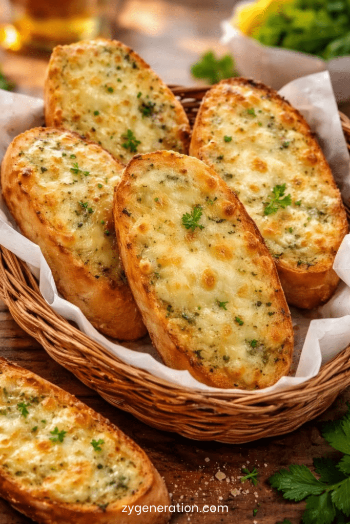 Pain à l’ail gratiné au fromage servi chaud sur une planche en bois, avec croûte dorée et croustillante, fromage fondu, persil frais et texture moelleuse à l’intérieur.