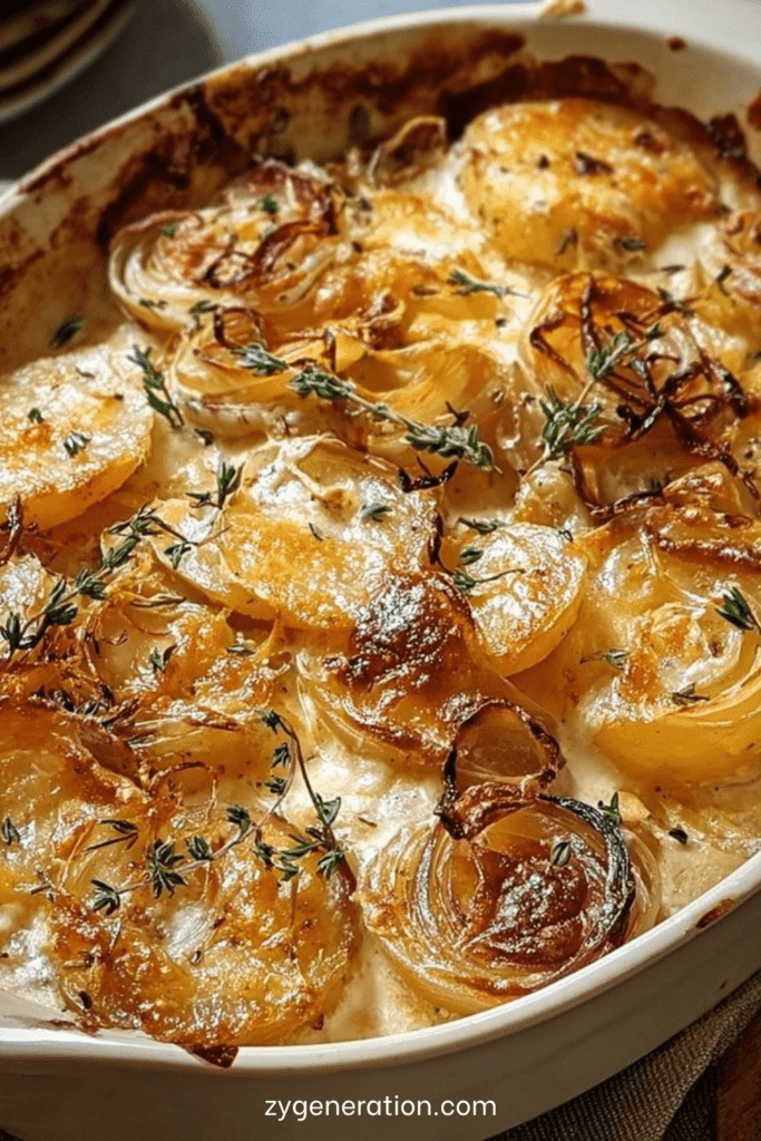 Gratin de pommes de terre crémeux aux oignons servi dans un plat doré au four, avec couches fondantes de pommes de terre, oignons parfumés et fromage gratiné sur le dessus.