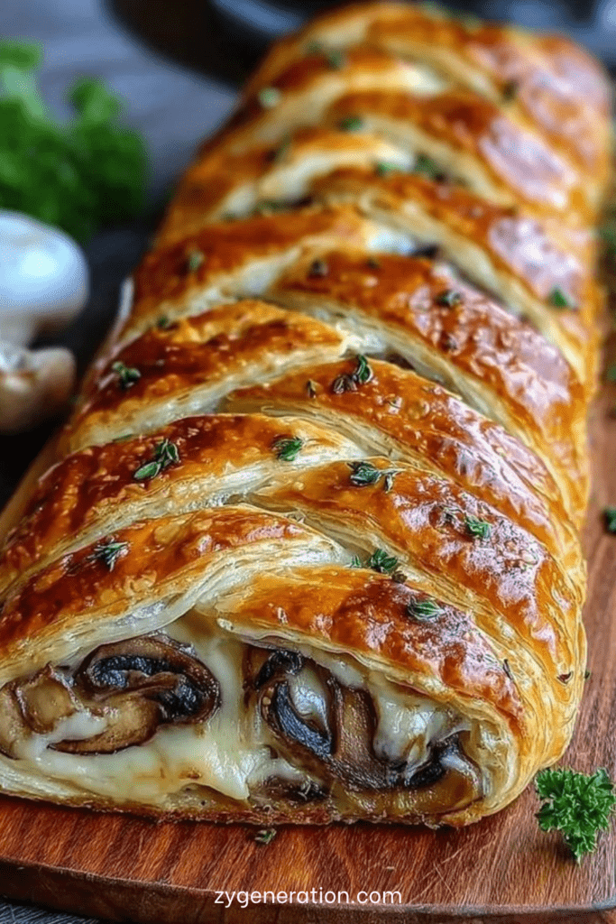 Roulé feuilleté aux champignons et fromage coupé en tranches, pâte dorée et croustillante, garniture fondante aux champignons crémeux et fromage filant, présenté sur une planche en bois.