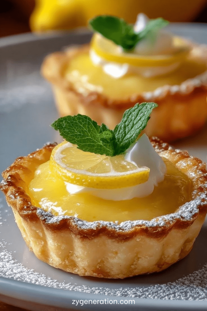Tartelettes citron crémeuses avec pâte sablée dorée, garnies d’une crème citron lisse et brillante, décorées de chantilly et de zestes de citron frais.