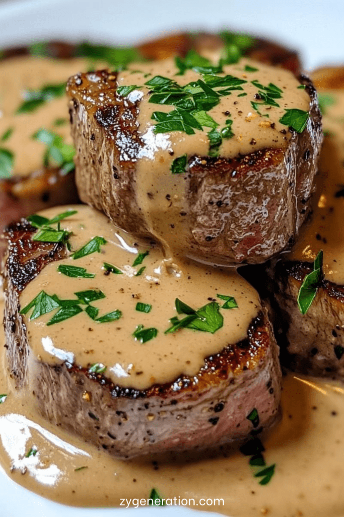 Médaillons de bœuf nappés de sauce crémeuse dans une assiette élégante, viande saisie et juteuse, garnie de persil frais avec une texture fondante.