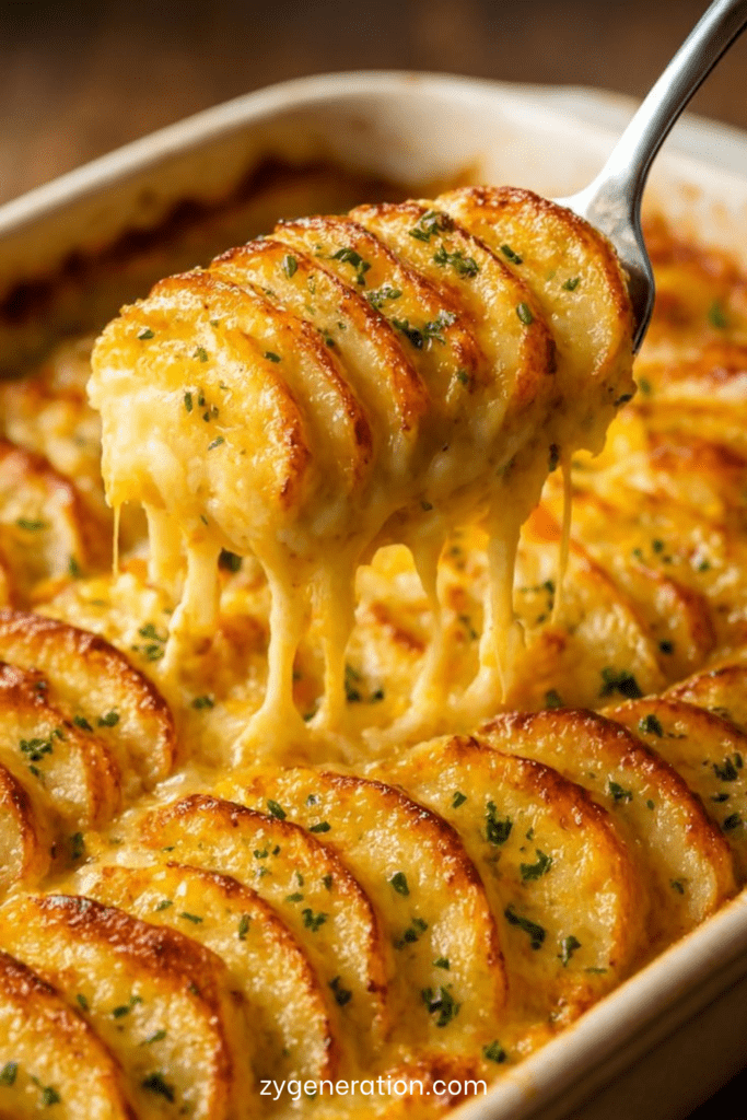 Gratin de pommes de terre au fromage ultra fondant servi chaud, avec couches crémeuses, fromage filant et croûte dorée croustillante.
