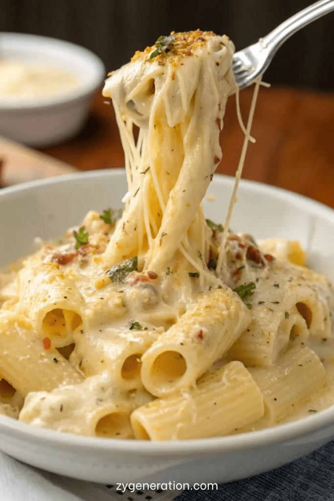 Pâtes crémeuses au poulet, ail et parmesan servies chaudes, avec sauce onctueuse, morceaux de poulet dorés et persil frais sur le dessus.