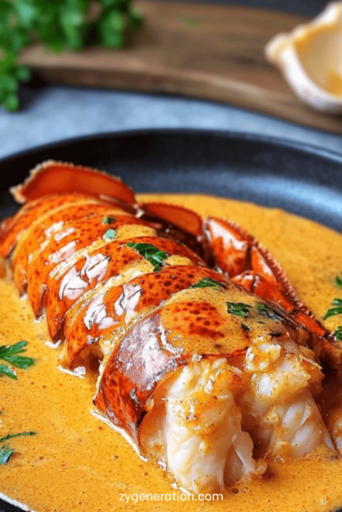 Queue de homard nappée de sauce crémeuse, chair tendre légèrement dorée, présentée sur une assiette élégante avec persil frais.