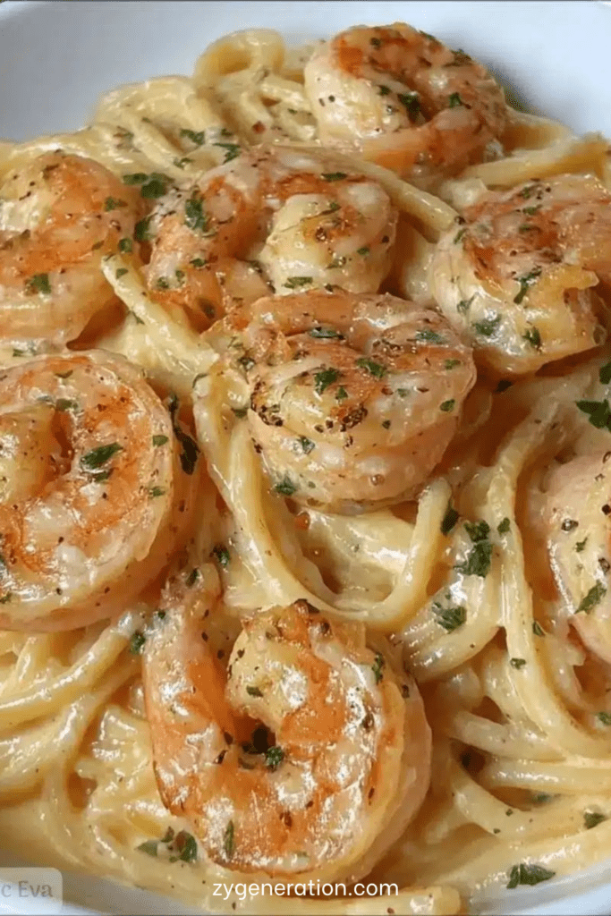 Spaghettis crémeux aux crevettes et à l’ail servis chauds, avec sauce onctueuse, crevettes rosées et persil frais en garniture.