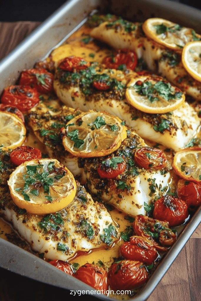 Filets de cabillaud cuits au four avec tomates cerises rôties, rondelles de citron et persil frais, présentés dans un plat doré et appétissant.