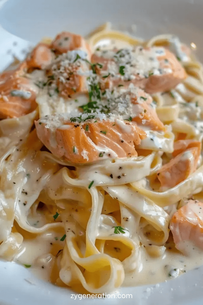 Assiette de tagliatelles au saumon nappées d’une sauce à la crème onctueuse, parsemées de parmesan râpé et d’herbes fraîches, servies chaudes dans une ambiance élégante.