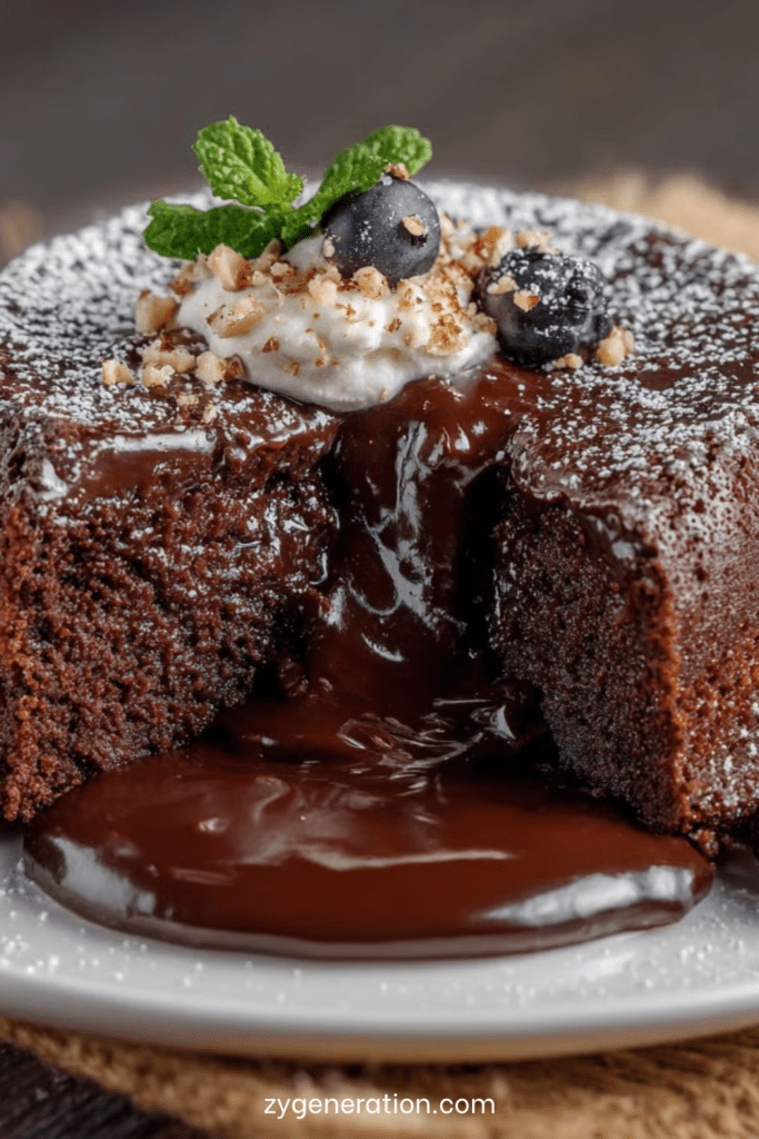 Fondant au chocolat individuel au cœur coulant, servi tiède dans une assiette élégante, avec une texture moelleuse à l’extérieur et un centre chocolaté fondant.
