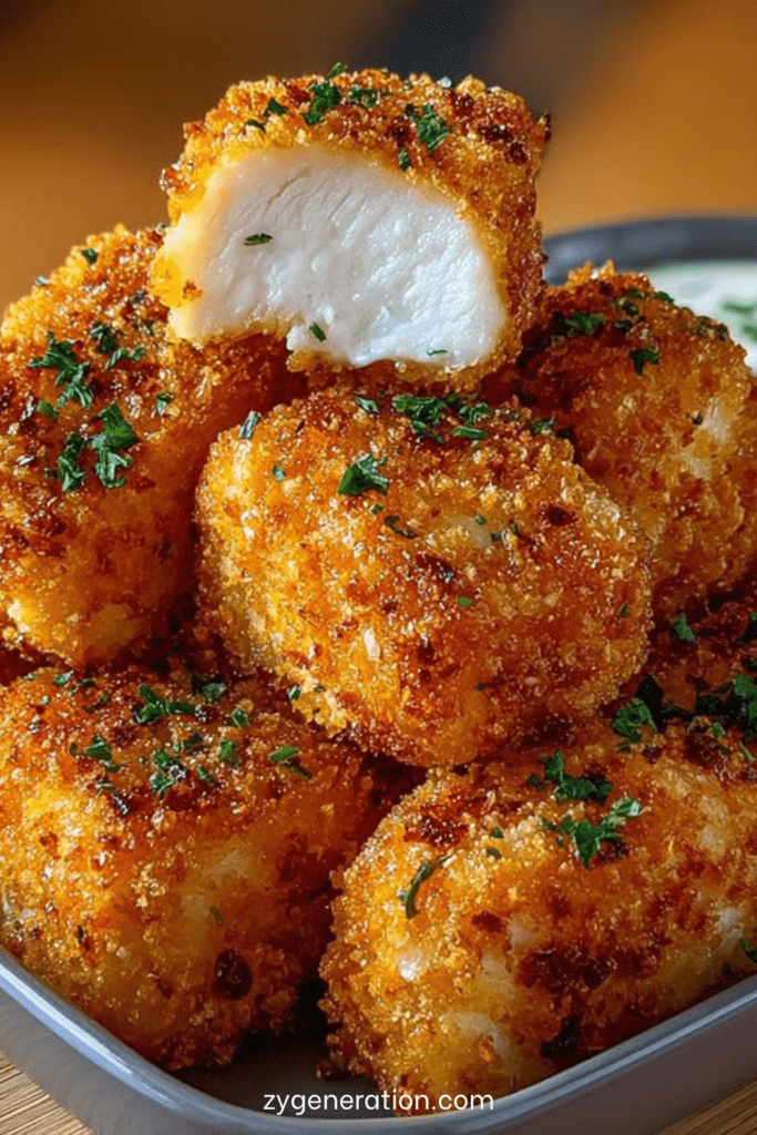 Bouchées de poulet panées dorées et croustillantes servies avec une sauce yaourt crémeuse aux herbes, présentées dans une assiette moderne.