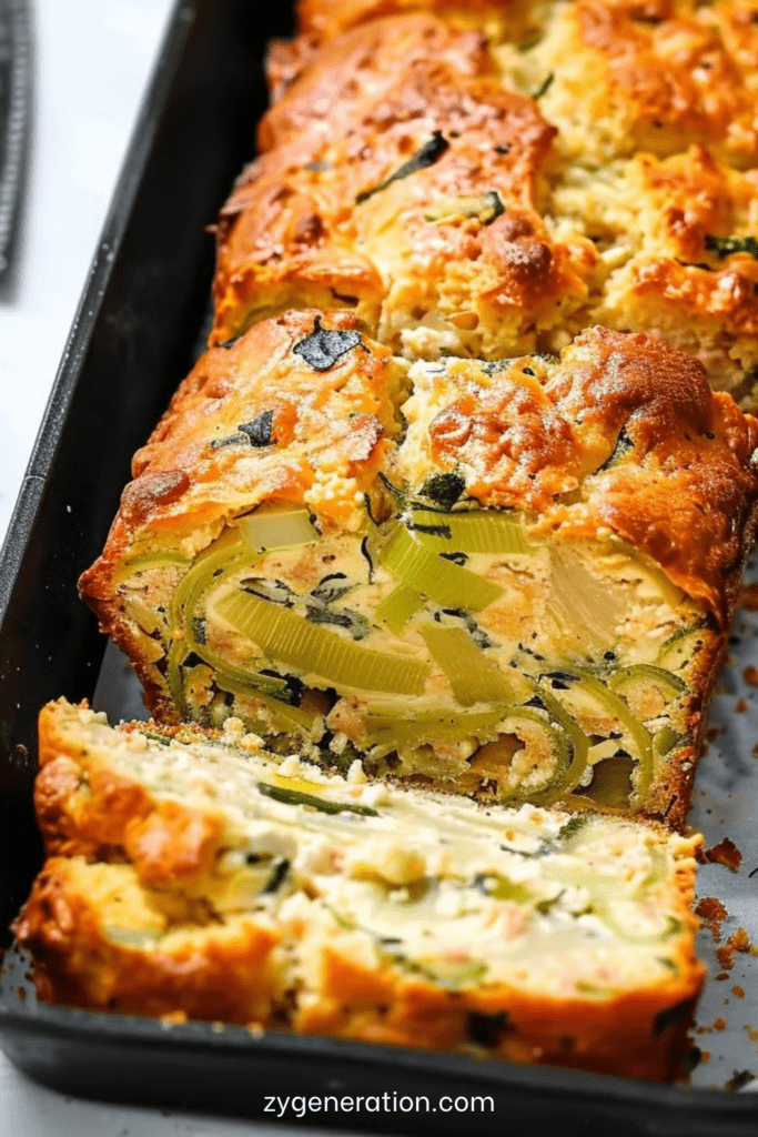 Tranches de cake salé aux poireaux et fromage de chèvre, texture moelleuse avec morceaux fondants, servies sur une planche avec herbes fraîches.