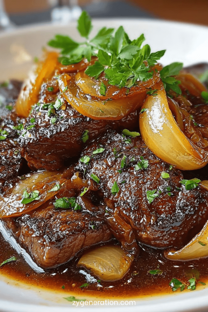 Sauté de bœuf aux oignons caramélisés nappé d’une sauce brillante, servi chaud avec du persil frais dans une poêle rustique.