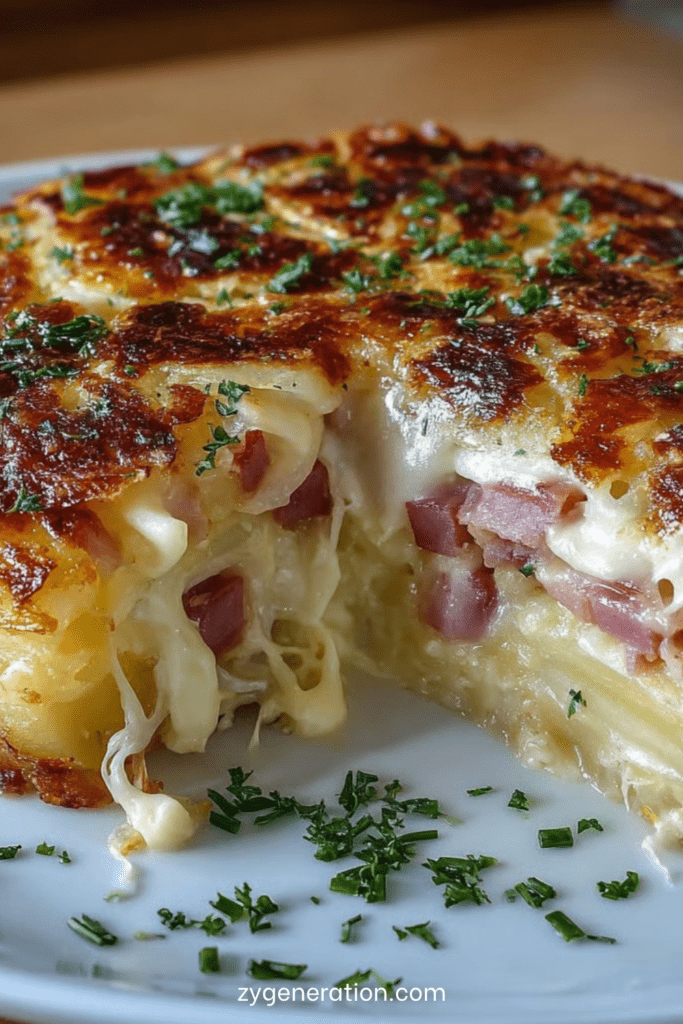Gâteau de pommes de terre farci au fromage fondant et jambon, avec une croûte dorée et croustillante, servi chaud dans un plat au four.