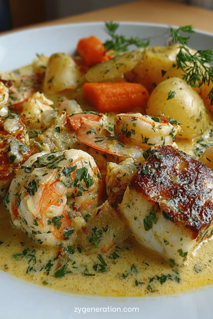 Cassolette de poissons avec morceaux de cabillaud, crevettes, légumes fondants et sauce crémeuse, servie chaude dans un plat individuel élégant.
